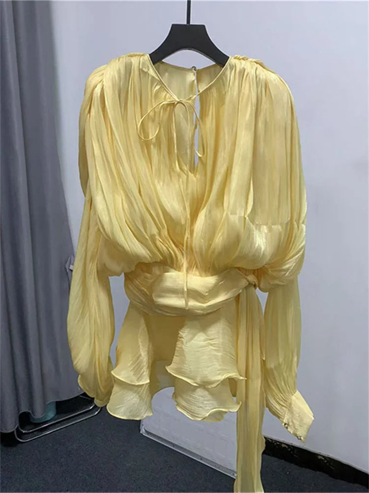 TARUXY Elegant Pleated Mini Dress For Women Lace Up Shiny Long Sleeve Dress Evening Party Outfits High Waist Female Slim Dress