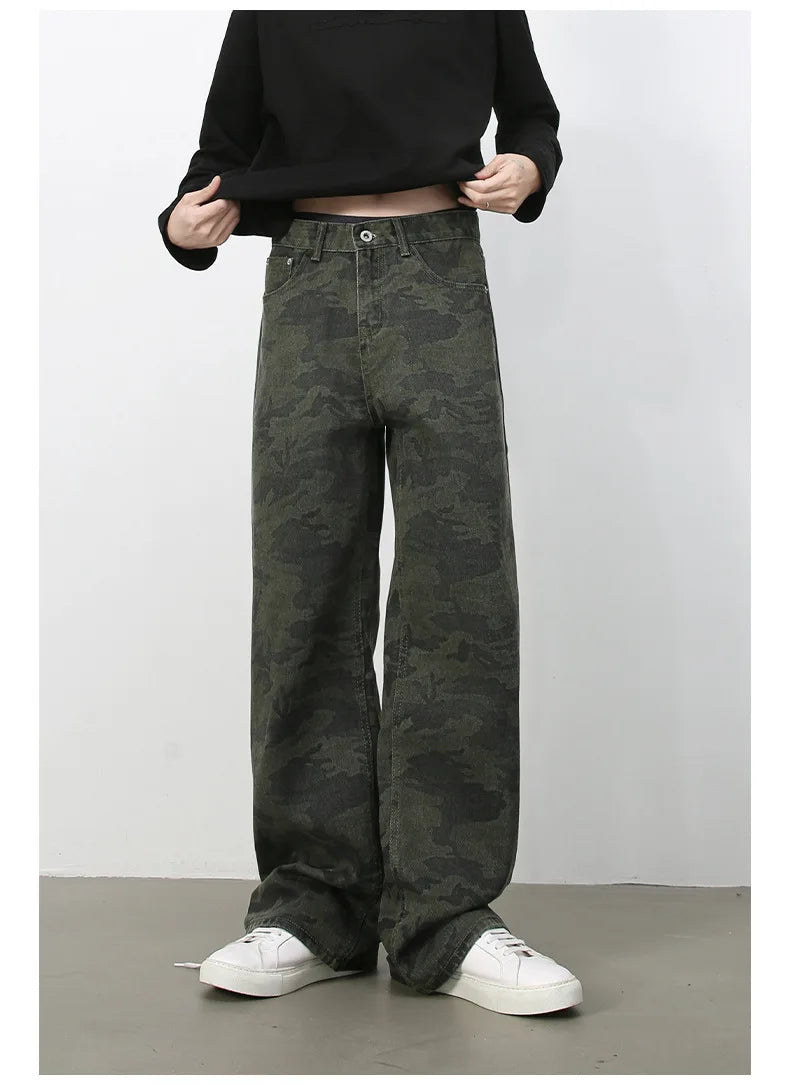 PFNW American 2025 New Tide Camouflage Jeans Men's Ins Loose Straight Wide Leg Casual Denim Pants Loose Male Trousers 12C2036