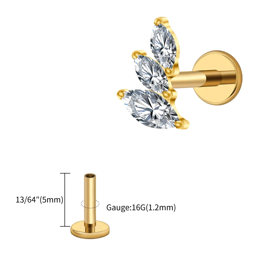 Right Grand ASTM F136 Titanium 16G Cluster Marquise CZ Tragus Helix Stud Conch Lobe Rook Cartilage Leaf Climber Flat Back Labret
