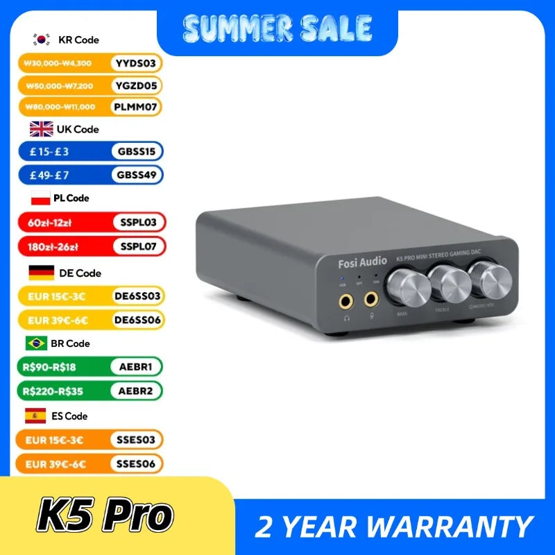 Fosi Audio K5 PRO Gaming USB DAC With Microphone Headphone Amplifier Desktop Mini Audio DAC Amp For PS5 PC