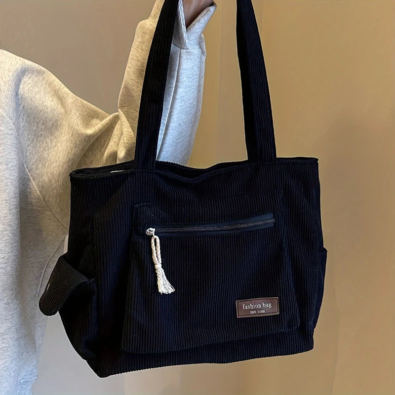 Simple Corduroy Tote Bag, Solid Color Shoulder Bag, Retro Multi Pockets Handbag For School Work Shopping