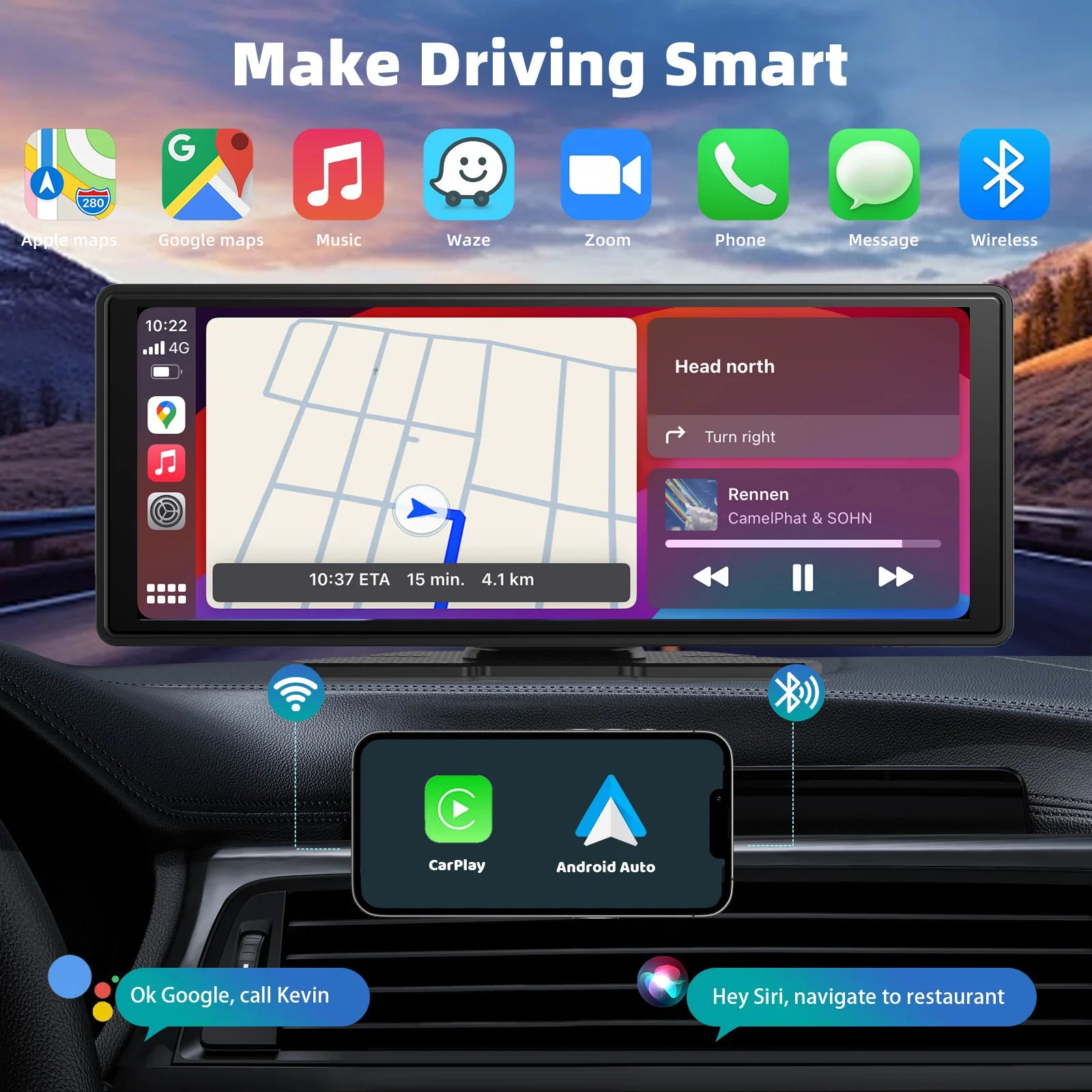 Portable Wireless Carplay Car Stereo, 10.26" inch HD Touchscreen for Car with CarPlay & Android Auto with Mirror Link/Backup Cam