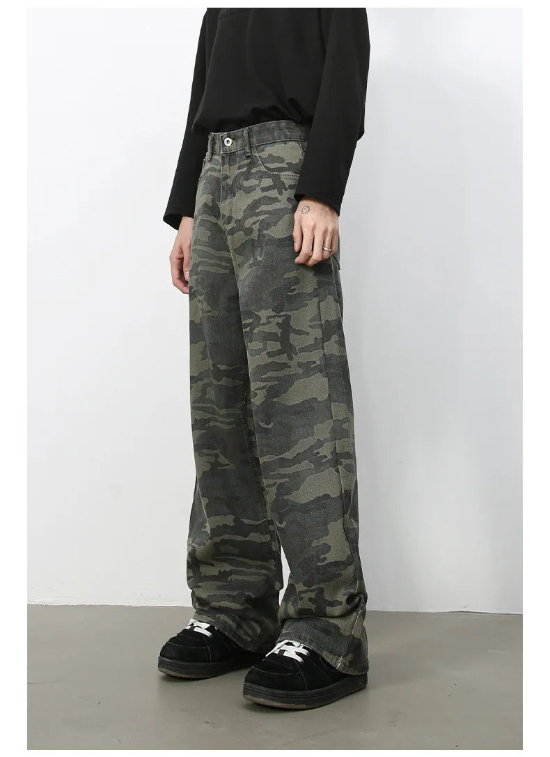 PFNW American 2025 New Tide Camouflage Jeans Men's Ins Loose Straight Wide Leg Casual Denim Pants Loose Male Trousers 12C2036