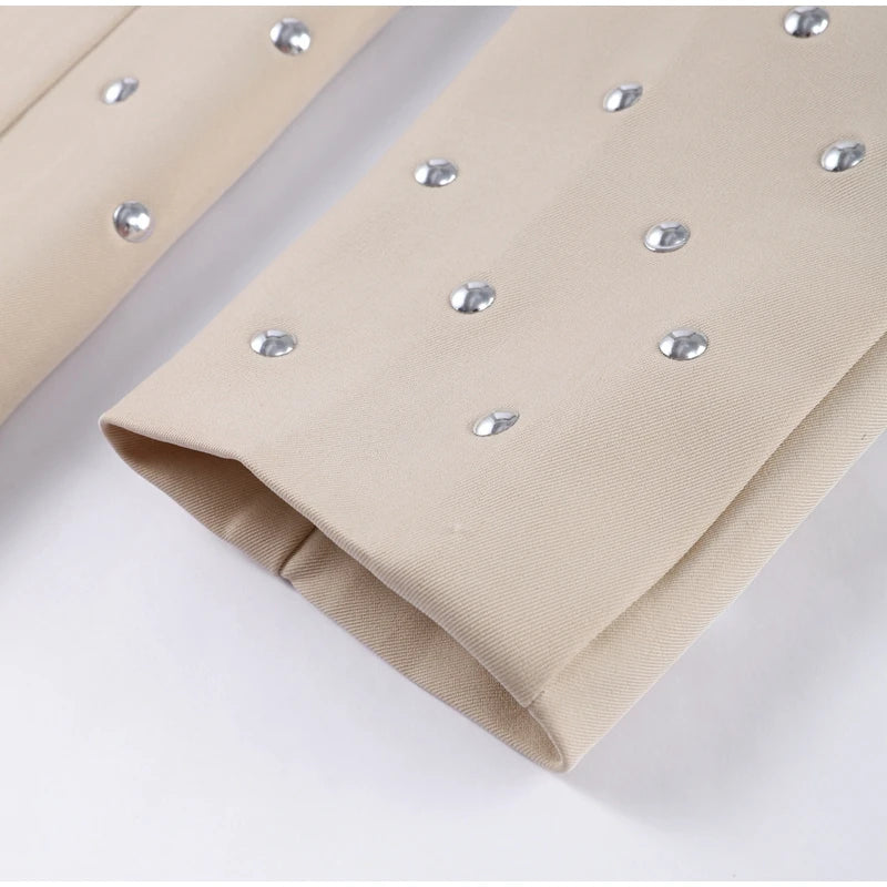 Rivet Fashion V-neck Balzer Coat Women Shoulder Pads Loose Fake Pocket Long Sleeve Jacket 2025 Spring Street Party Commute Tops