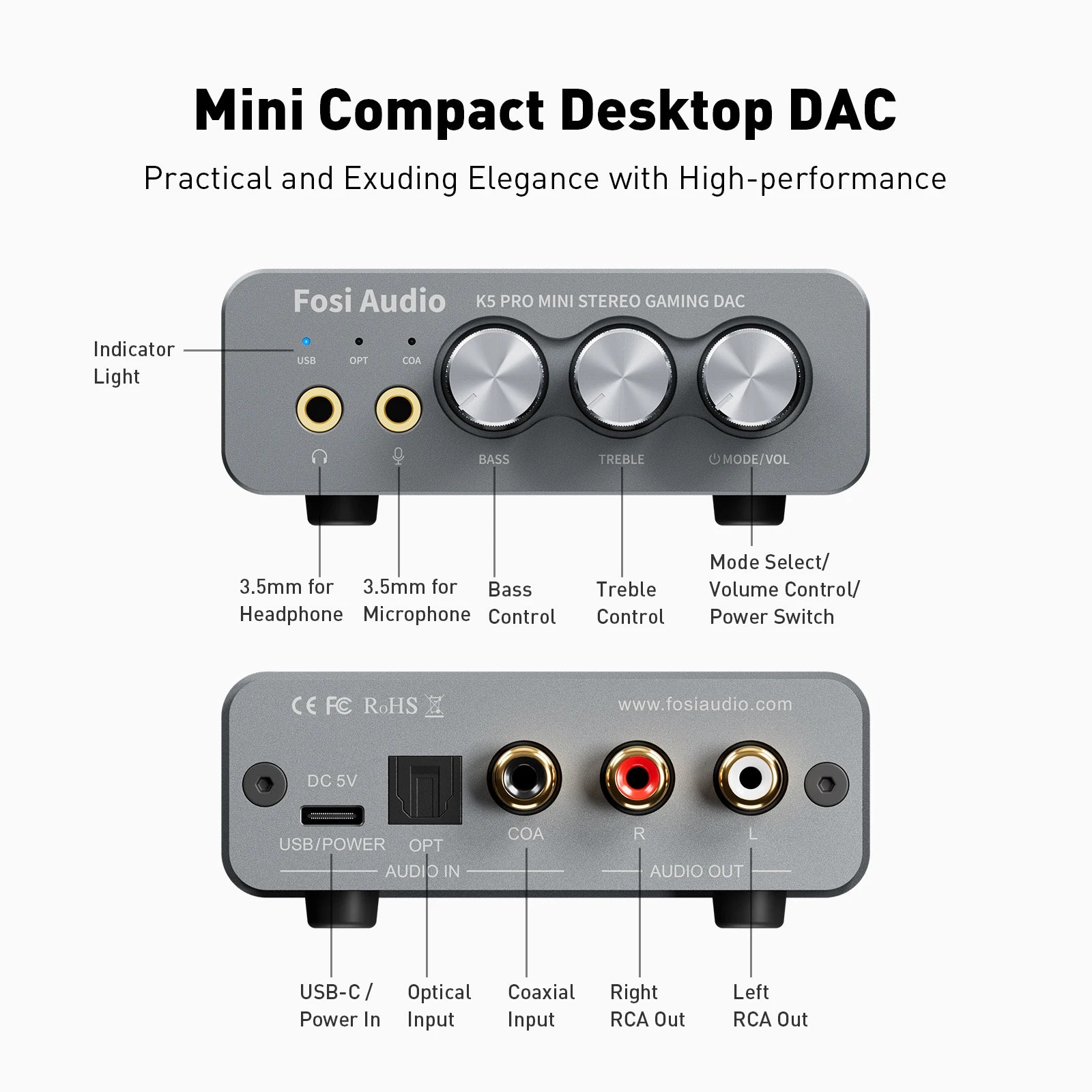 Fosi Audio K5 PRO Gaming USB DAC With Microphone Headphone Amplifier Desktop Mini Audio DAC Amp For PS5 PC