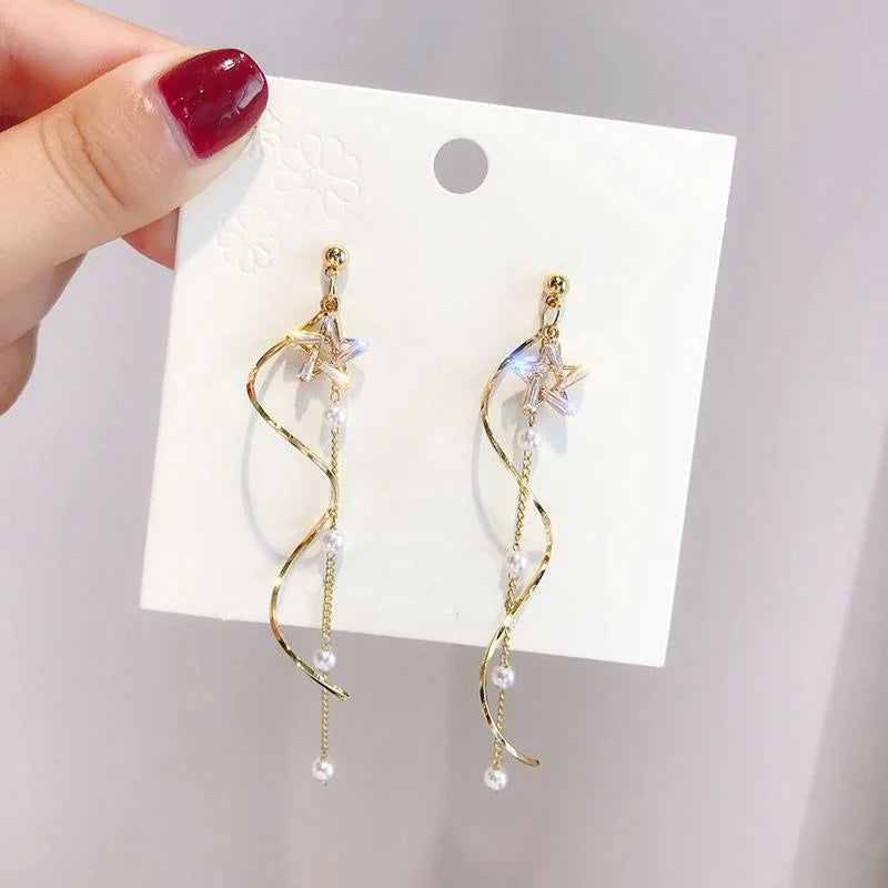 Light Luxury Zircon Star Pearl Wave Long Tassel Earrings Women Temperament Fashion Jewelry Dainty Gifts