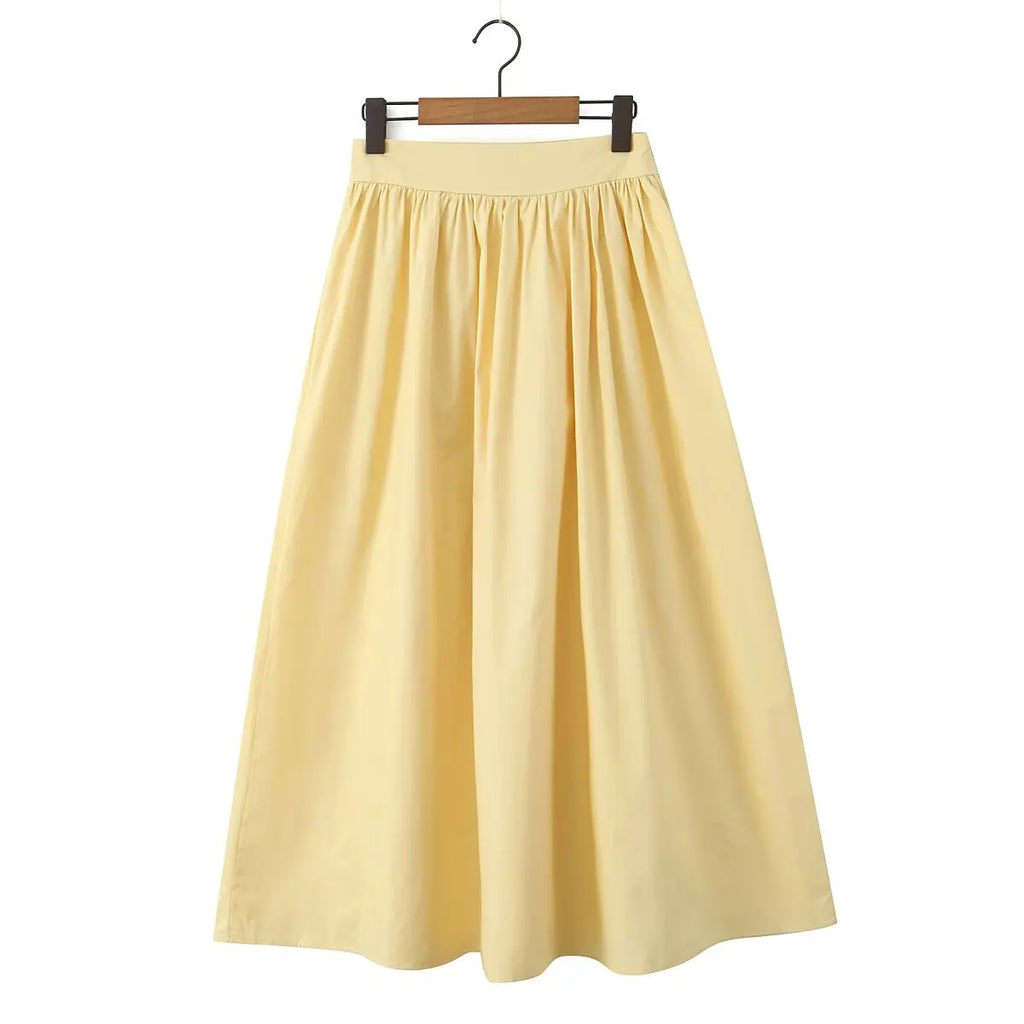 YENKYE 2025 Women Yellow White Cotton Big Swing Long Skirt Vintage High Waist Side Zipper A-line Summer Skirts Holiday