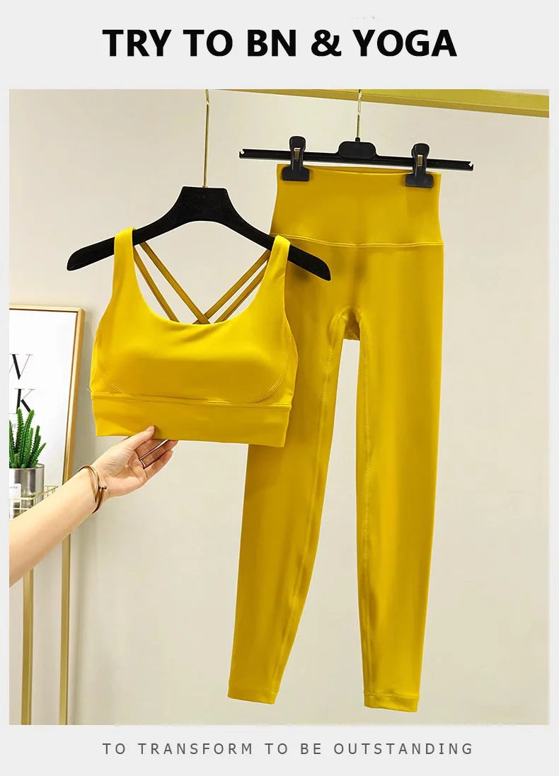TRY TO BN Tummy Control Gym Set 2 Piece High Waisted Leggings Cross Bra Squat Proof Fitness Breathable Yoga Outfits Workout Set