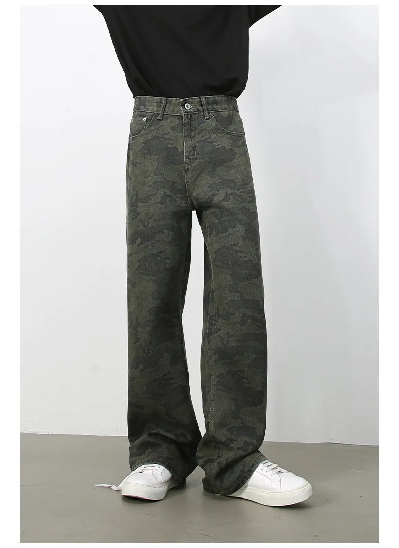 PFNW American 2025 New Tide Camouflage Jeans Men's Ins Loose Straight Wide Leg Casual Denim Pants Loose Male Trousers 12C2036