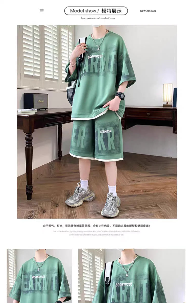 Summer Men's Large Suit S-6XL New Trendy Two Piece Set Korean High Street Fashion T-shirt Shorts Tracksuits Designer Clothes Men