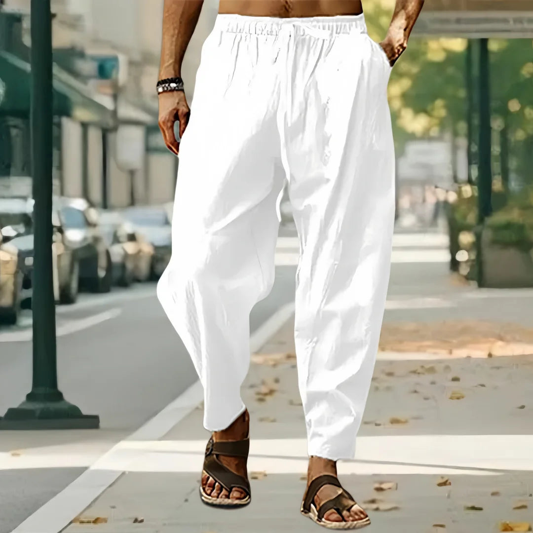 New Men Cotton Linen Pants Summer and Autumn Solid High Waist Wide-Leg Trousers Male Loose Hemp Casual Breathable Sports Pants
