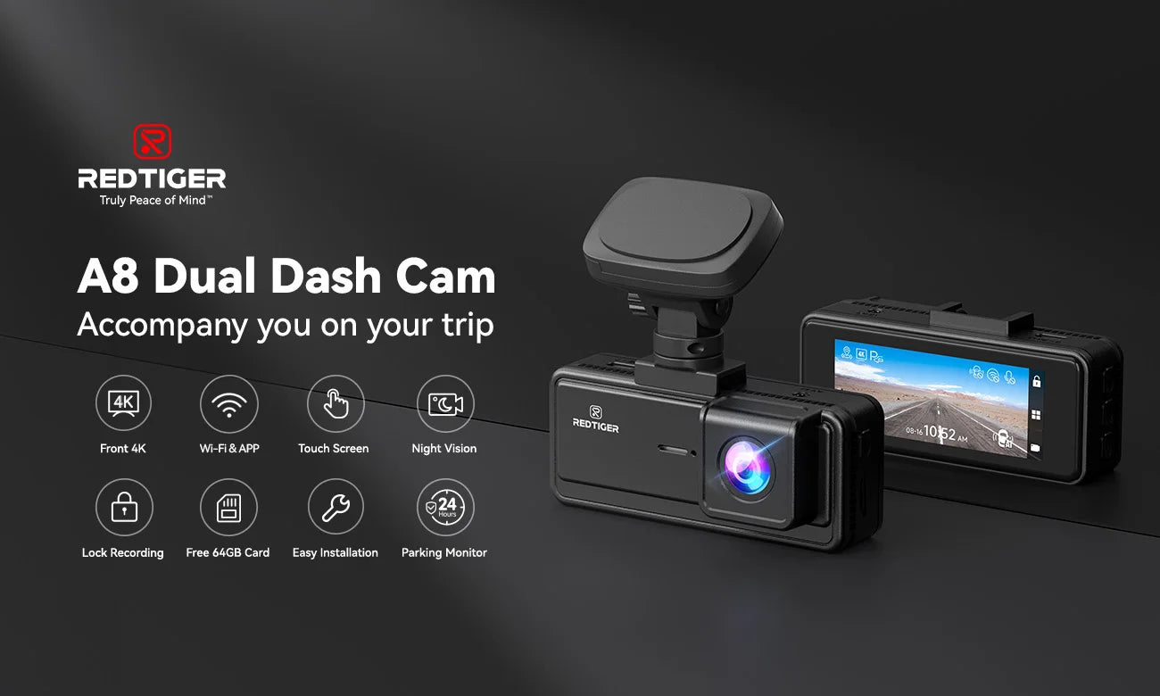 REDTIGER A8 4K+1080P ADAS Dash Cam 3.18" IPS Touch Screen Front And Rear Car Camera Built-in WiFi And GPS Car DVR Night Vision