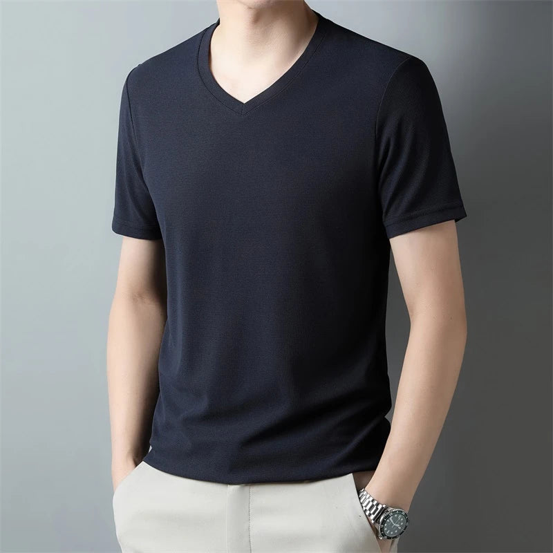 2024 Men's Waffle V Neck Short Sleeve T-Shirt Summer Comfortable Breathable Fashion Top in Solid Colors