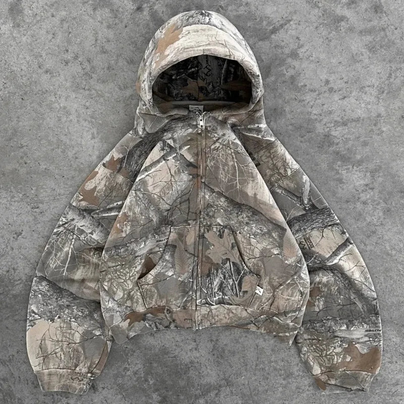 Y2K Hoodie Retro Zip Up Camouflage Pattern Zipper Sweatshirt High Street Hip Hop Streetwear Man and Women Hoodies Unisex Camo