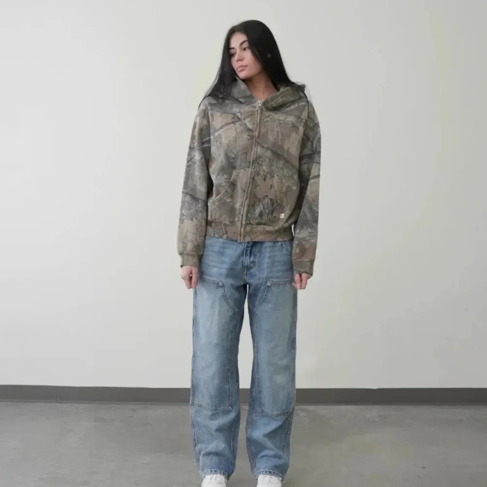 Y2K Hoodie Retro Zip Up Camouflage Pattern Zipper Sweatshirt High Street Hip Hop Streetwear Man and Women Hoodies Unisex Camo