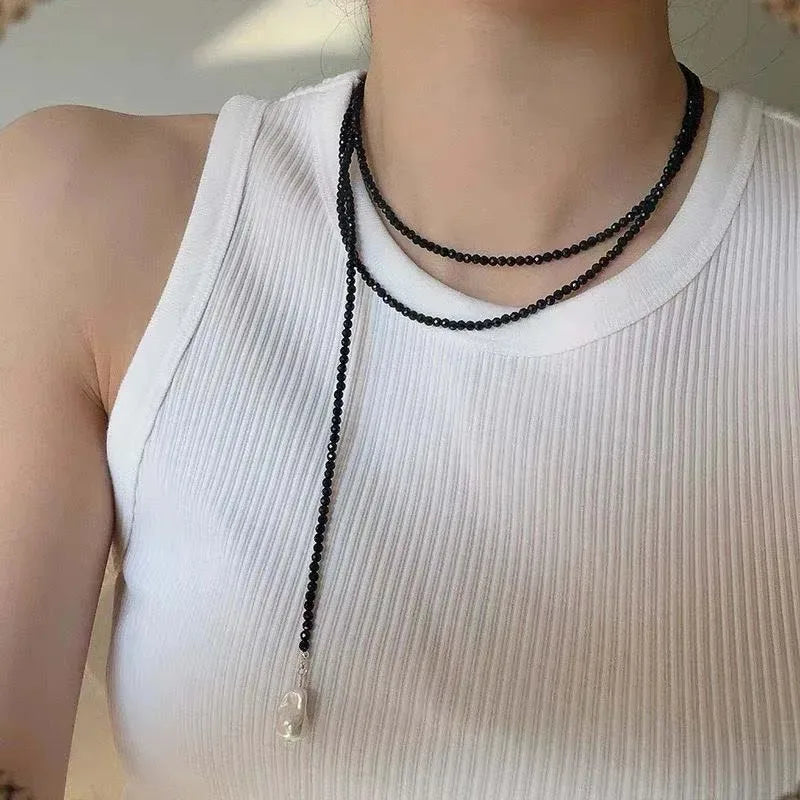 Retro Alien Irregular Baroque Pearl Pendant Necklace for Women Vintage Green Black Crystal Bead Long Necklace Neck Chain Jewelry