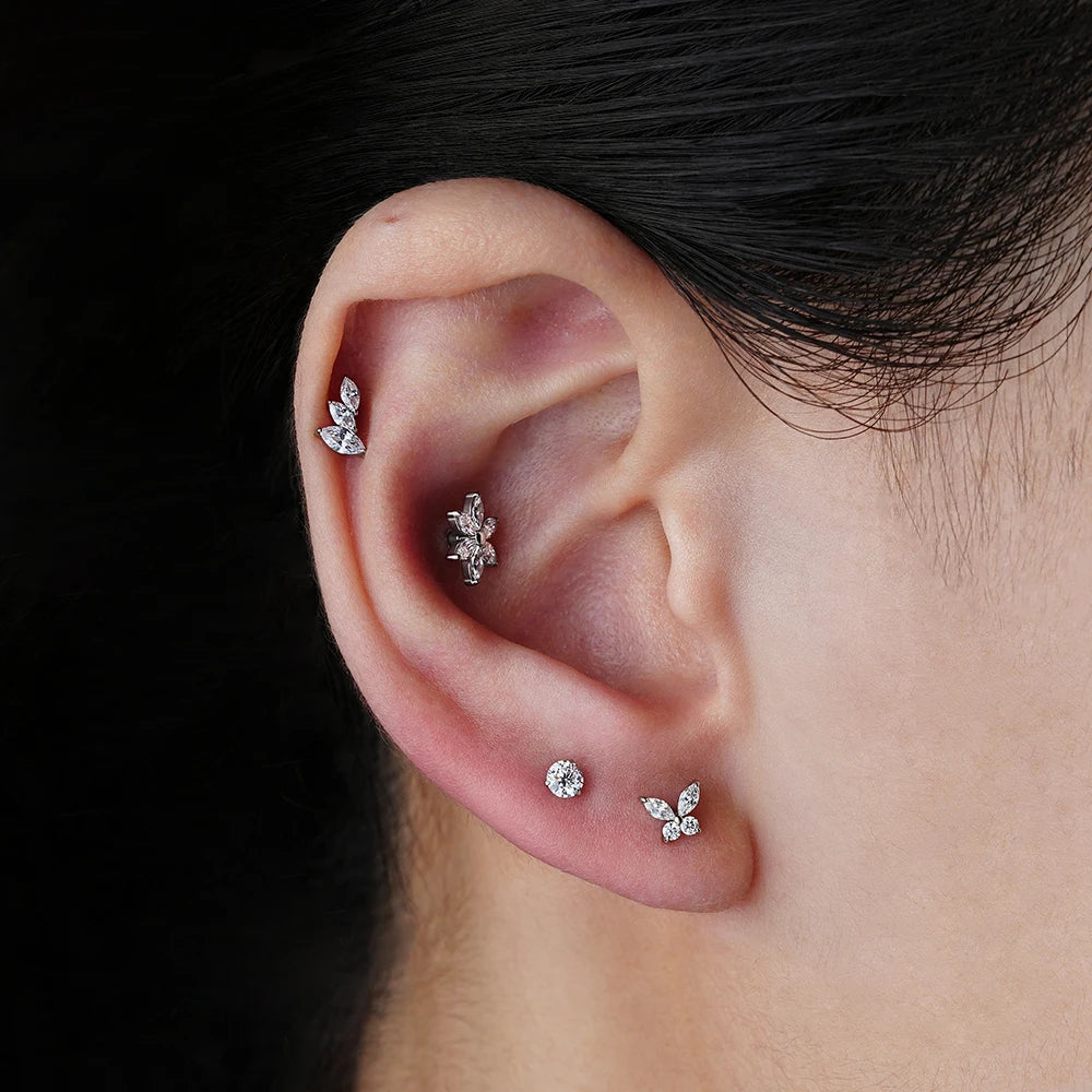 Right Grand ASTM F136 Titanium 16G Cluster Marquise CZ Tragus Helix Stud Conch Lobe Rook Cartilage Leaf Climber Flat Back Labret