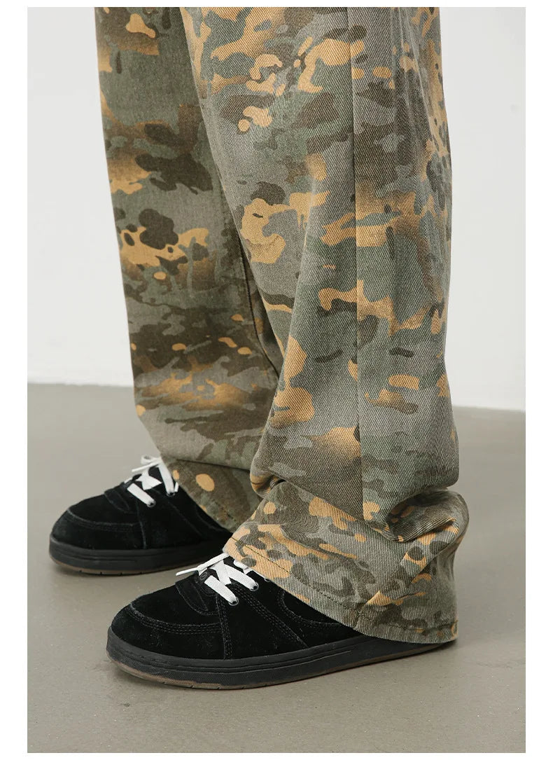 PFNW American 2025 New Tide Camouflage Jeans Men's Ins Loose Straight Wide Leg Casual Denim Pants Loose Male Trousers 12C2036