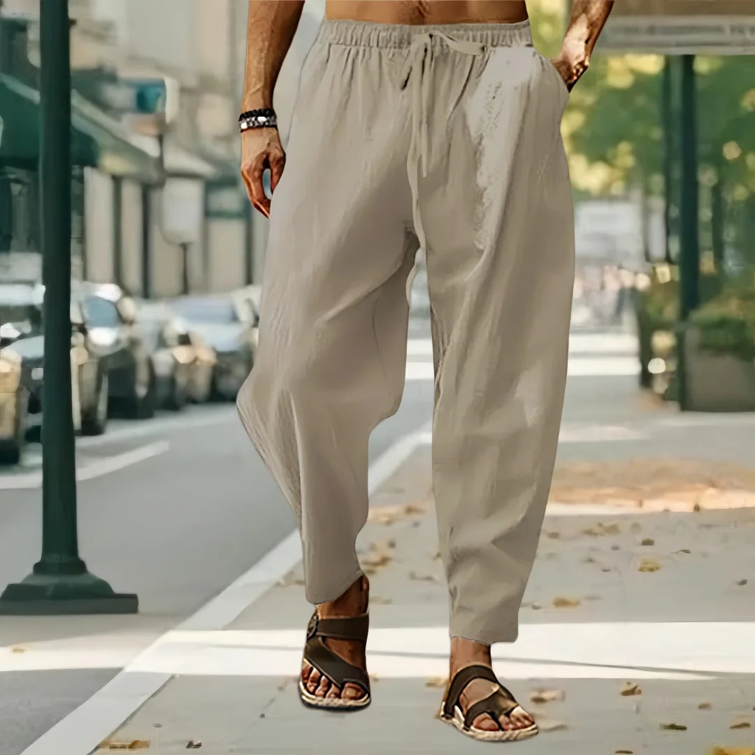 New Men Cotton Linen Pants Summer and Autumn Solid High Waist Wide-Leg Trousers Male Loose Hemp Casual Breathable Sports Pants