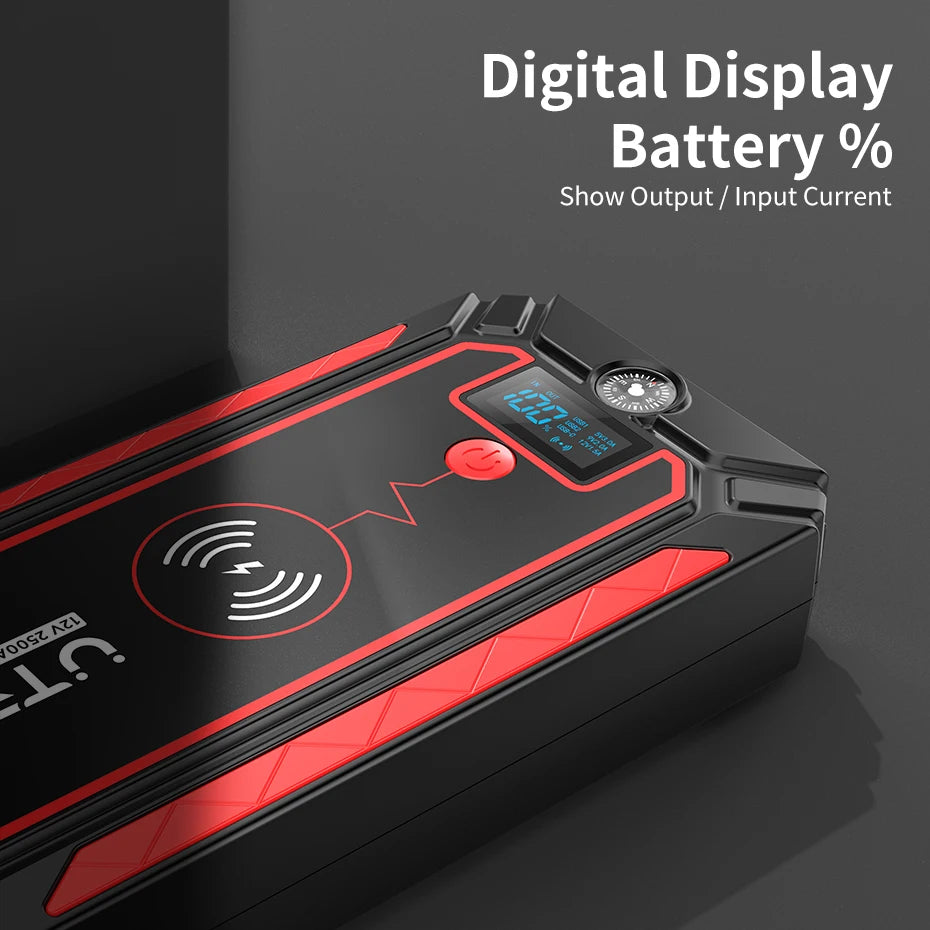 Car Jump Starter  2500A Power Bank Car Battery with 10W Wireless Charger LCD Screen Safety Hammer Jump starter