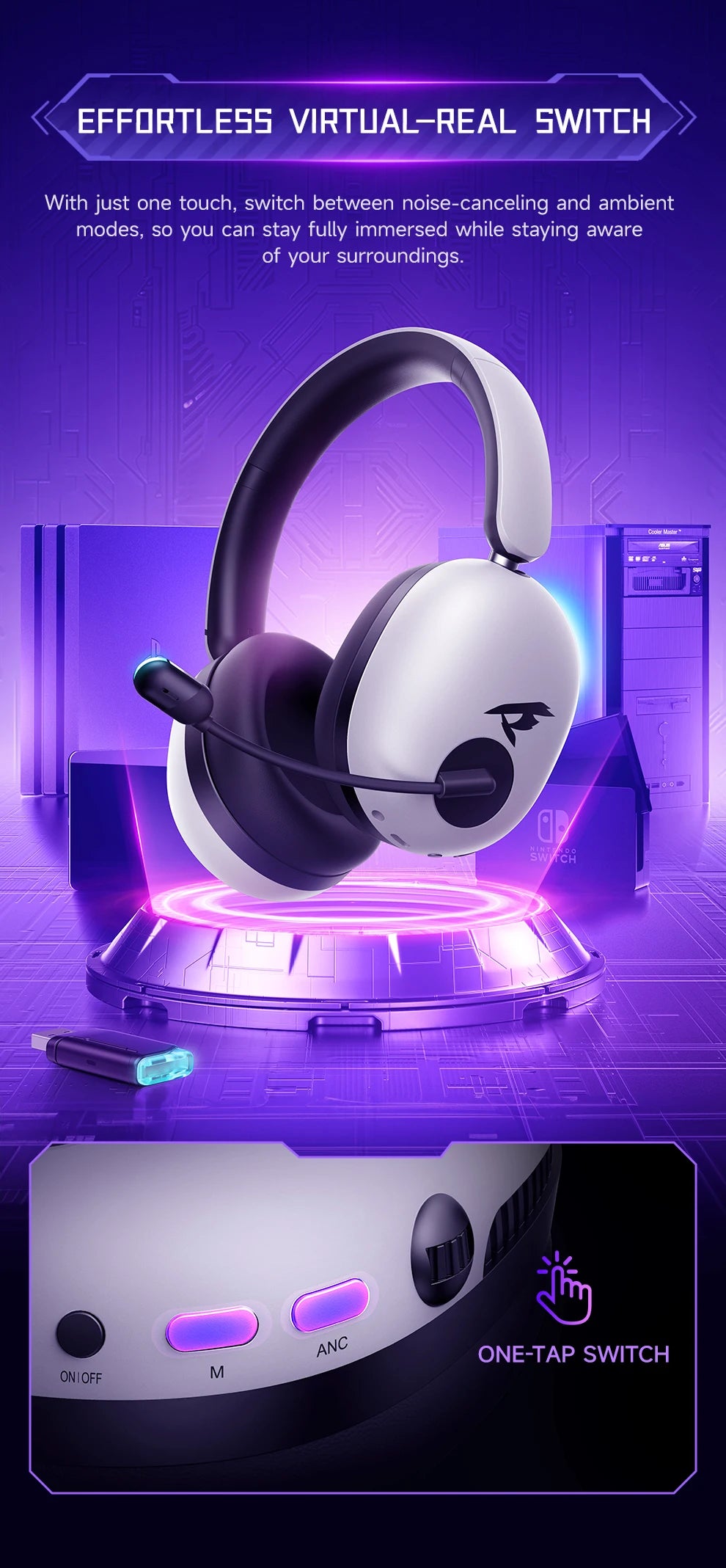 Picun UG-10A Gaming Wireless Headphone with Mic Over-Ear Headset 56dB Bluetooth 6.0 40mm Driver 2.4G/Wireless/Cable Earphones
