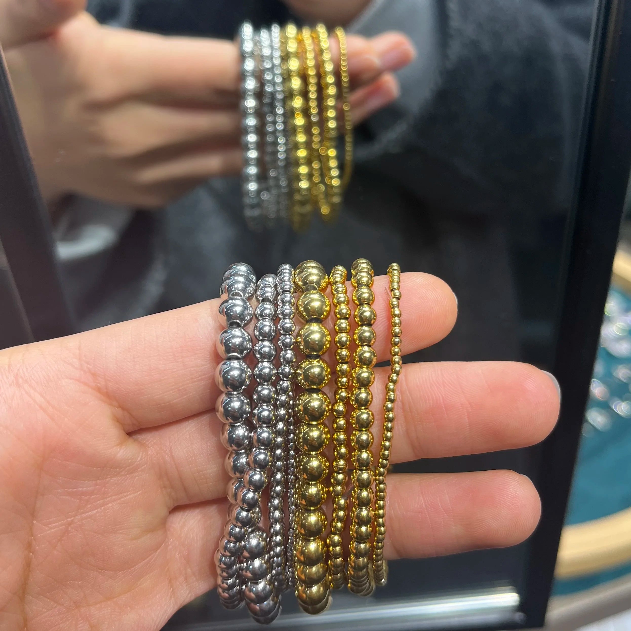MHS.SUN Trend Stretch Stainless Steel Bracelets Gold Sliver Color 2MM 5MM 8MM Stacked Ball Beaded Bracelet For Women Men Jewelry