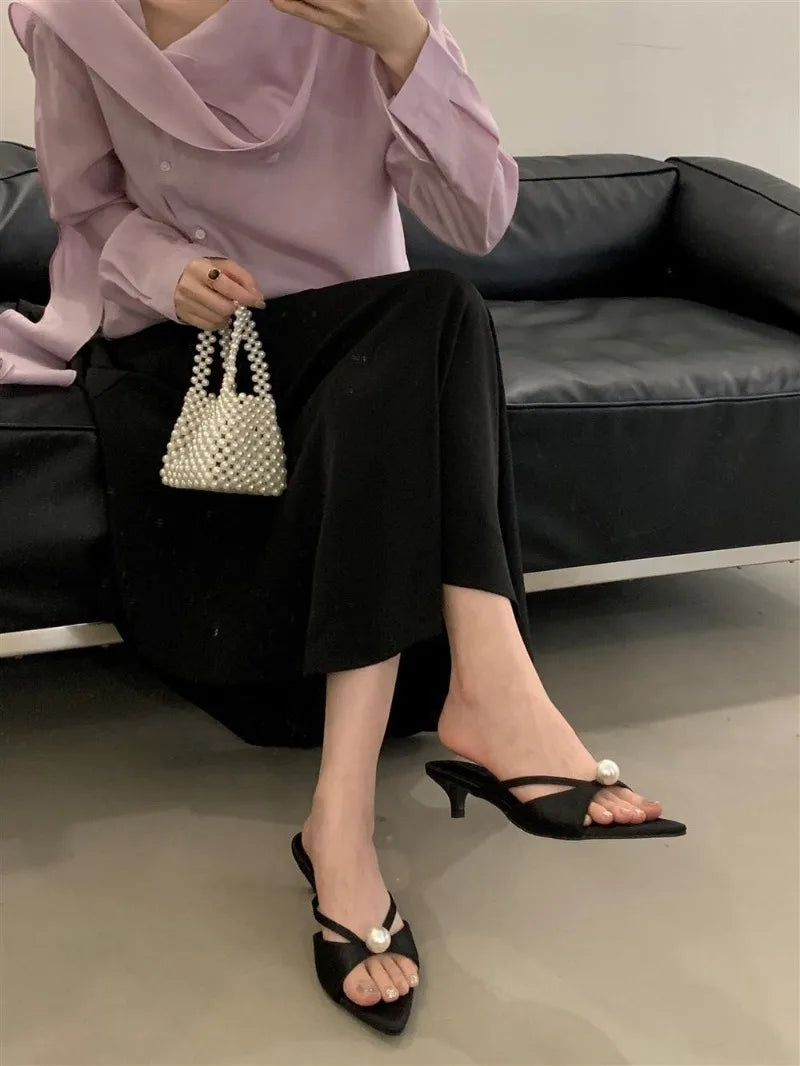 Female Slip on Footwear Silk Fashion String Bead Elegant Women Low Heel Shoes Pointed Toe Ladies Heeled Pumps Slides Shoes