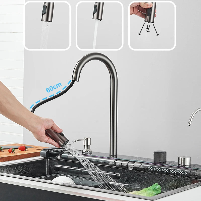 Shinesia Stainless Steel Kitchen Waterfall Sink Digital Display Large Single Sink Dish Basin Sink With Multifunction