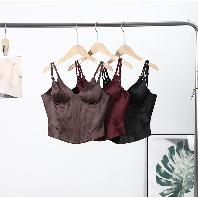 Women Solid Deep-V Satin Camisole Corset Top Elegant Double-Strap Fitted Cropped Back-Tie 2025 Chic Versatile Date Lady Tops