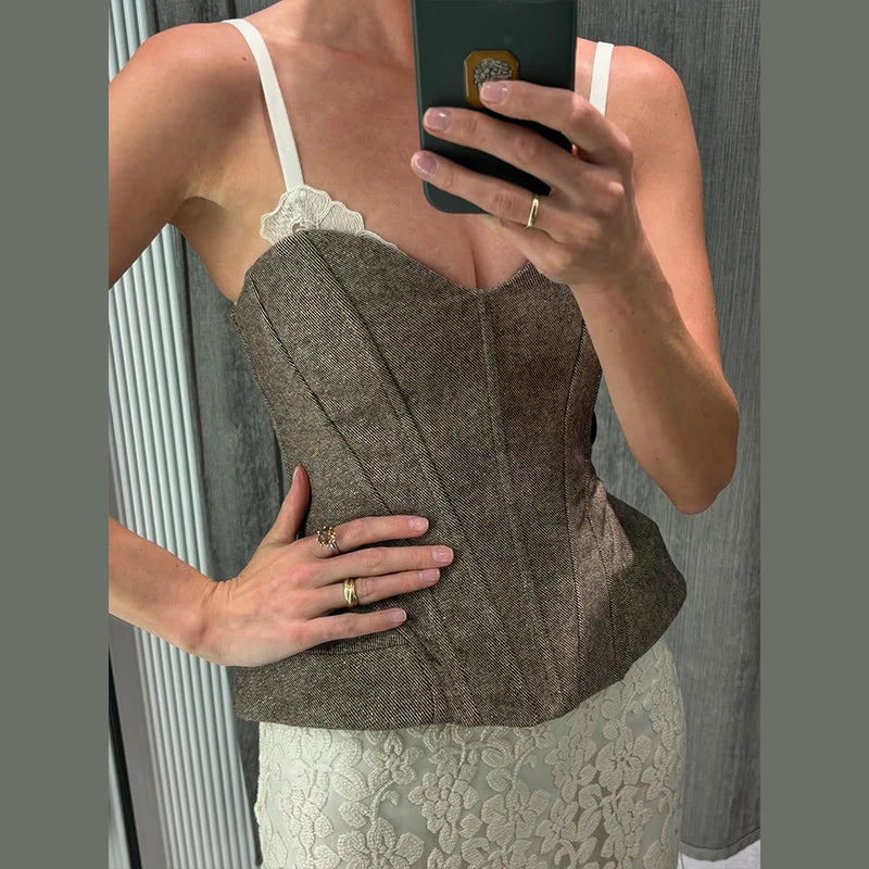 Women Solid Deep-V Satin Camisole Corset Top Elegant Double-Strap Fitted Cropped Back-Tie 2025 Chic Versatile Date Lady Tops