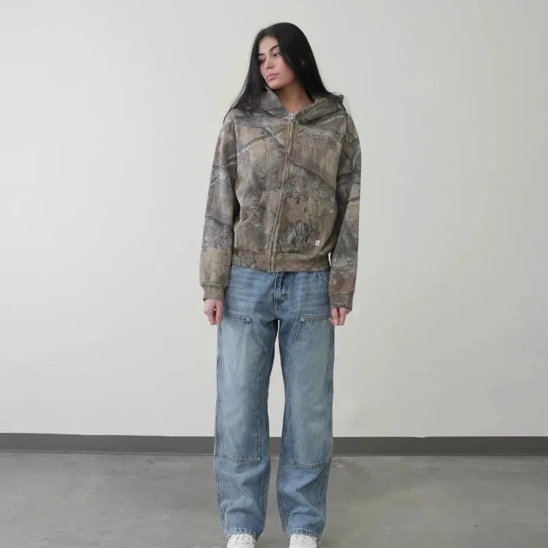 Y2K Hoodie Retro Zip Up Camouflage Pattern Zipper Sweatshirt High Street Hip Hop Streetwear Man and Women Hoodies Unisex Camo