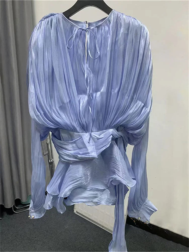 TARUXY Elegant Pleated Mini Dress For Women Lace Up Shiny Long Sleeve Dress Evening Party Outfits High Waist Female Slim Dress