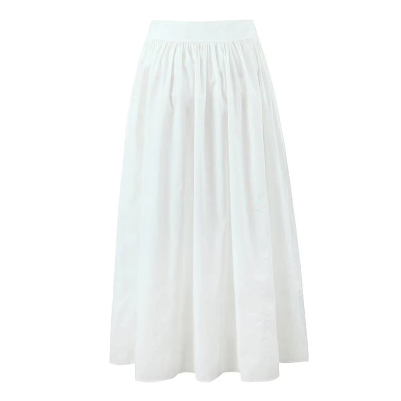 YENKYE 2025 Women Yellow White Cotton Big Swing Long Skirt Vintage High Waist Side Zipper A-line Summer Skirts Holiday