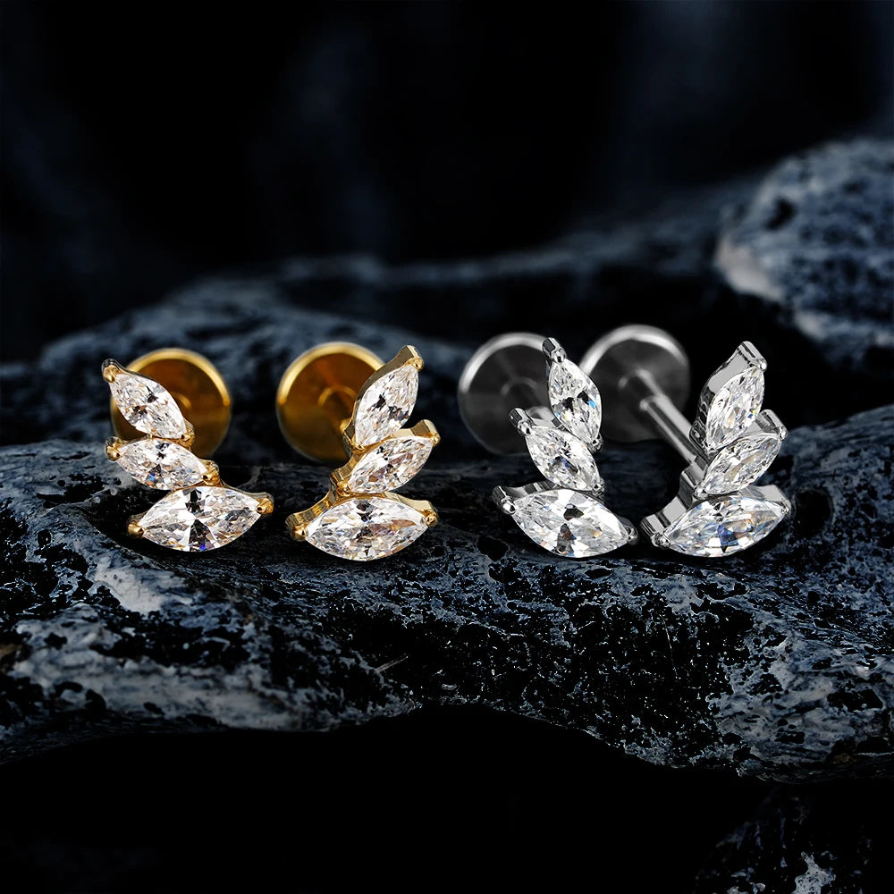 Right Grand ASTM F136 Titanium 16G Cluster Marquise CZ Tragus Helix Stud Conch Lobe Rook Cartilage Leaf Climber Flat Back Labret