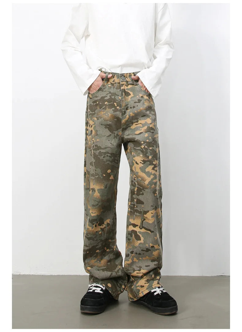 PFNW American 2025 New Tide Camouflage Jeans Men's Ins Loose Straight Wide Leg Casual Denim Pants Loose Male Trousers 12C2036
