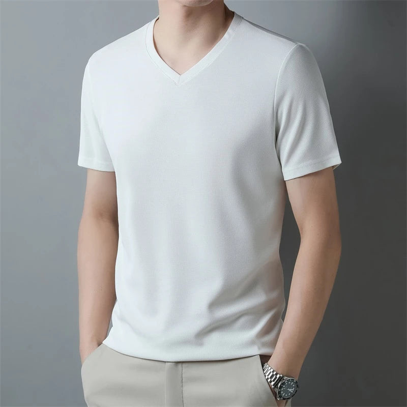 2024 Men's Waffle V Neck Short Sleeve T-Shirt Summer Comfortable Breathable Fashion Top in Solid Colors