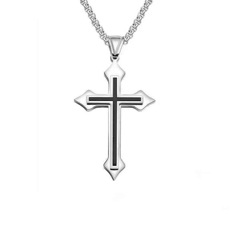 Vintage Gothic Hollow Cross Pendant Necklace Silver Color Cool Street Style For Men Women Gift Wholesale Neck Jewelry