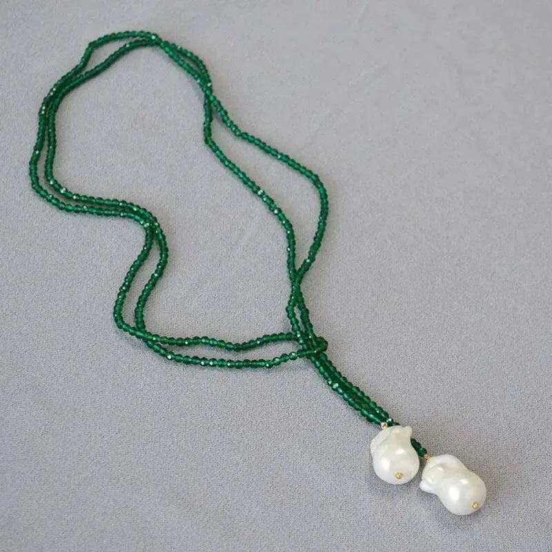 Retro Alien Irregular Baroque Pearl Pendant Necklace for Women Vintage Green Black Crystal Bead Long Necklace Neck Chain Jewelry