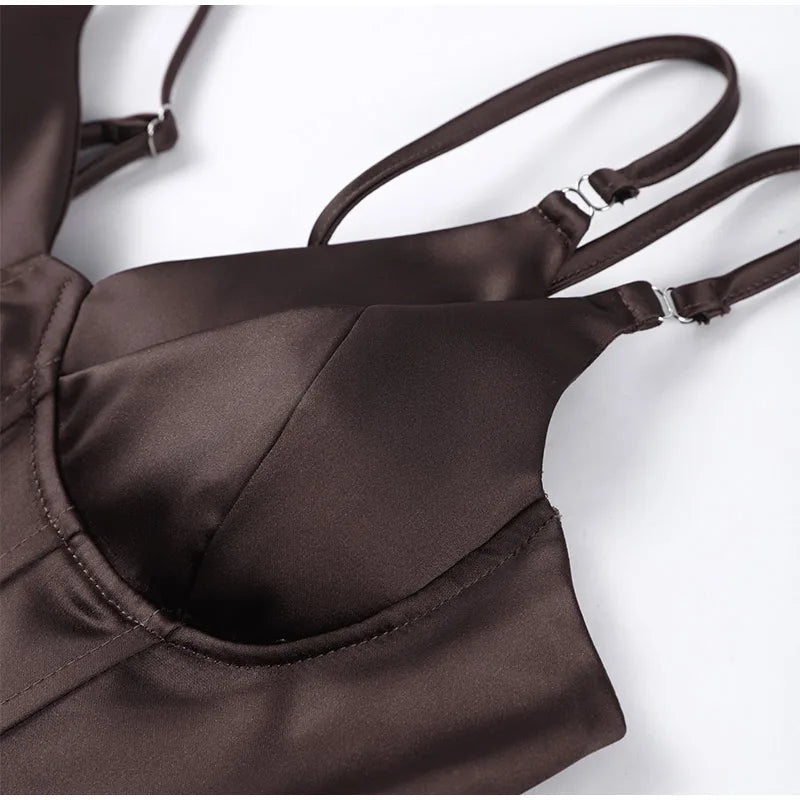 Women Solid Deep-V Satin Camisole Corset Top Elegant Double-Strap Fitted Cropped Back-Tie 2025 Chic Versatile Date Lady Tops