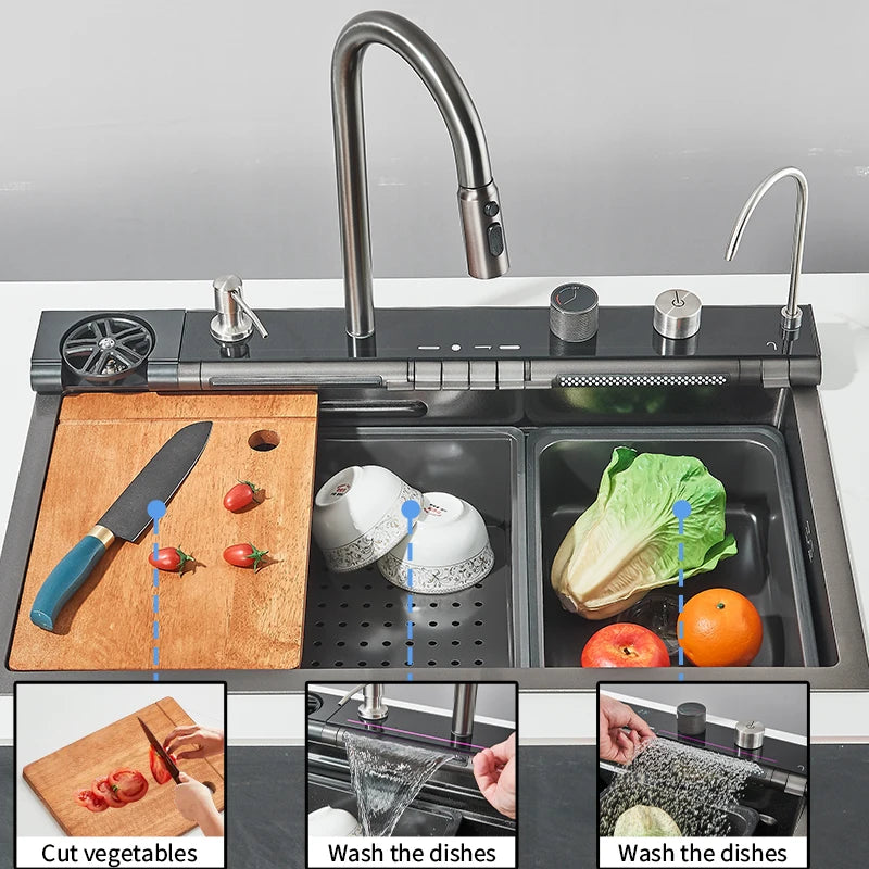 Shinesia Stainless Steel Kitchen Waterfall Sink Digital Display Large Single Sink Dish Basin Sink With Multifunction
