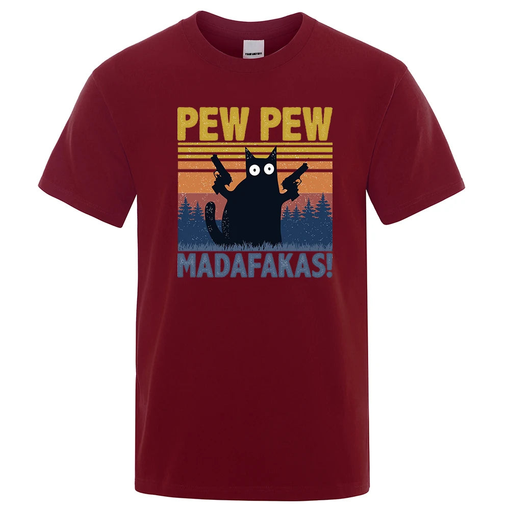 Pew Pew Madafakas Tshirt Men Short Sleeve Novelty Funny Cat T Shirt Cotton Oversize Tops Shirts Tee T-Shirt Crew Neck Streetwear