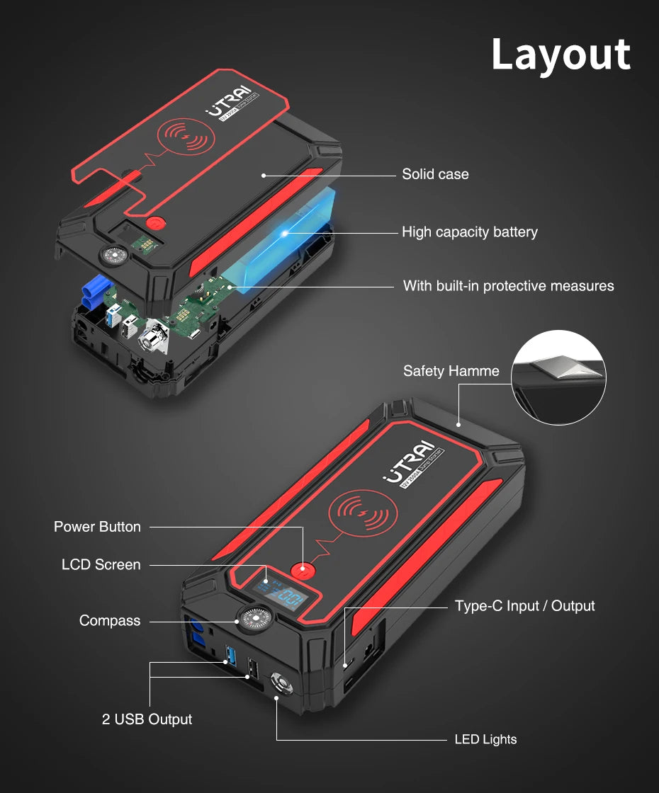 Car Jump Starter  2500A Power Bank Car Battery with 10W Wireless Charger LCD Screen Safety Hammer Jump starter