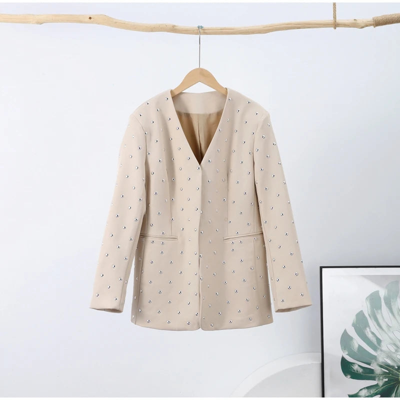 Rivet Fashion V-neck Balzer Coat Women Shoulder Pads Loose Fake Pocket Long Sleeve Jacket 2025 Spring Street Party Commute Tops