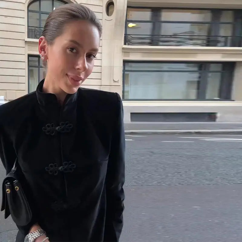 Black Velvet Tassel Jacket Knot Button Asymmetric Hem Long Sleeve Slim Fit Elegant Daily Commute Streetwear Fashion Outerwear