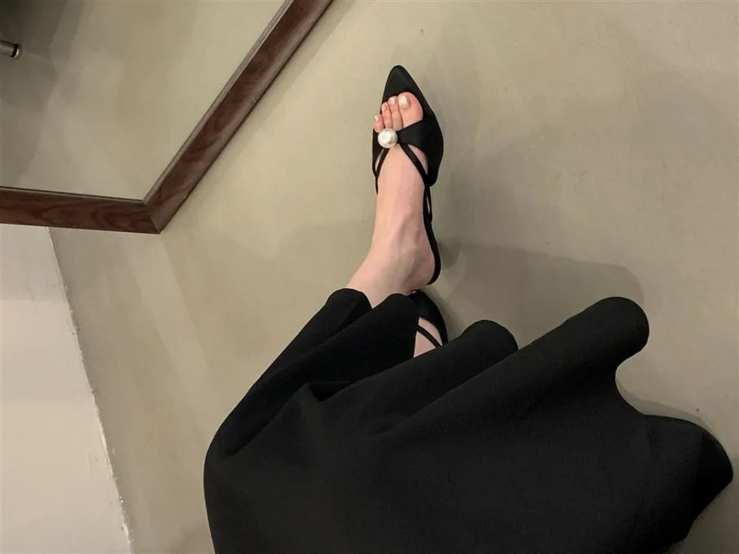 Female Slip on Footwear Silk Fashion String Bead Elegant Women Low Heel Shoes Pointed Toe Ladies Heeled Pumps Slides Shoes