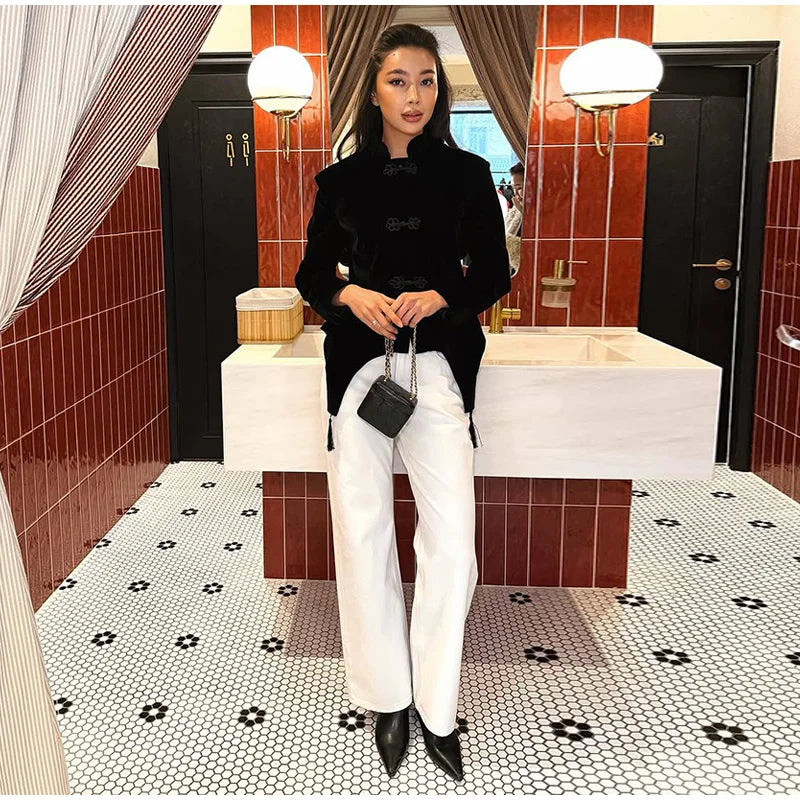 Black Velvet Tassel Jacket Knot Button Asymmetric Hem Long Sleeve Slim Fit Elegant Daily Commute Streetwear Fashion Outerwear