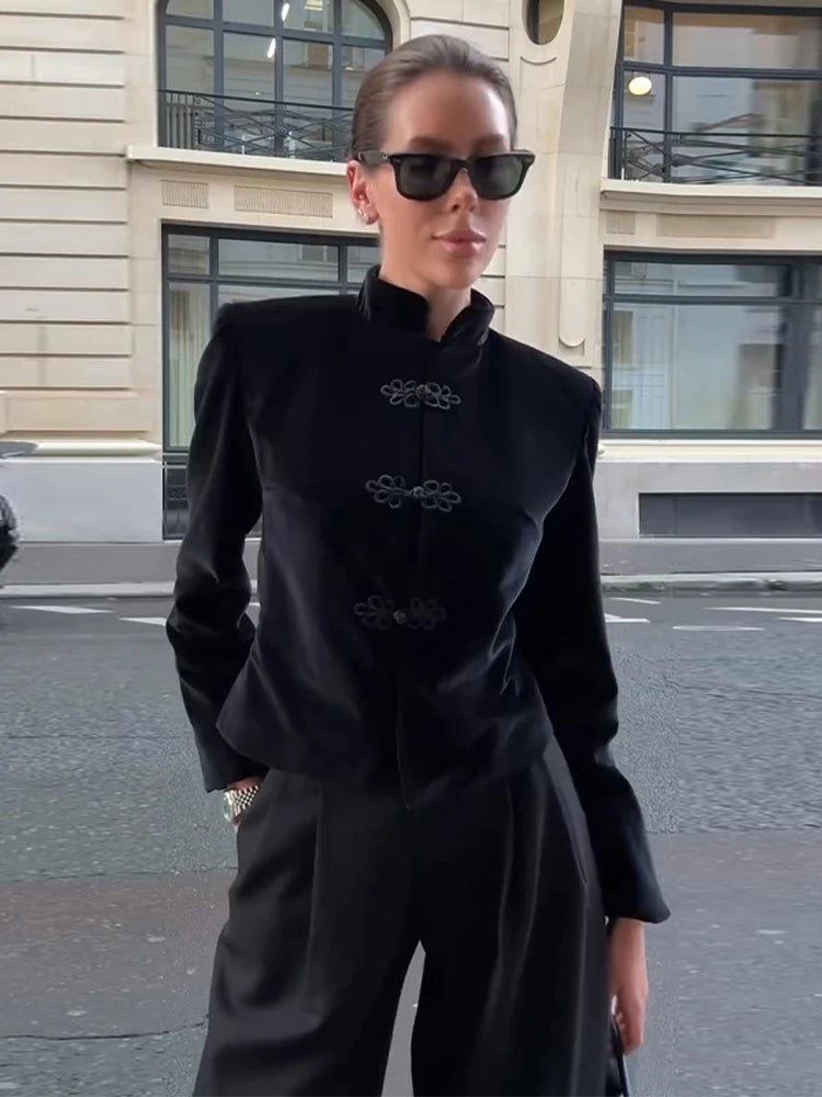 Black Velvet Tassel Jacket Knot Button Asymmetric Hem Long Sleeve Slim Fit Elegant Daily Commute Streetwear Fashion Outerwear