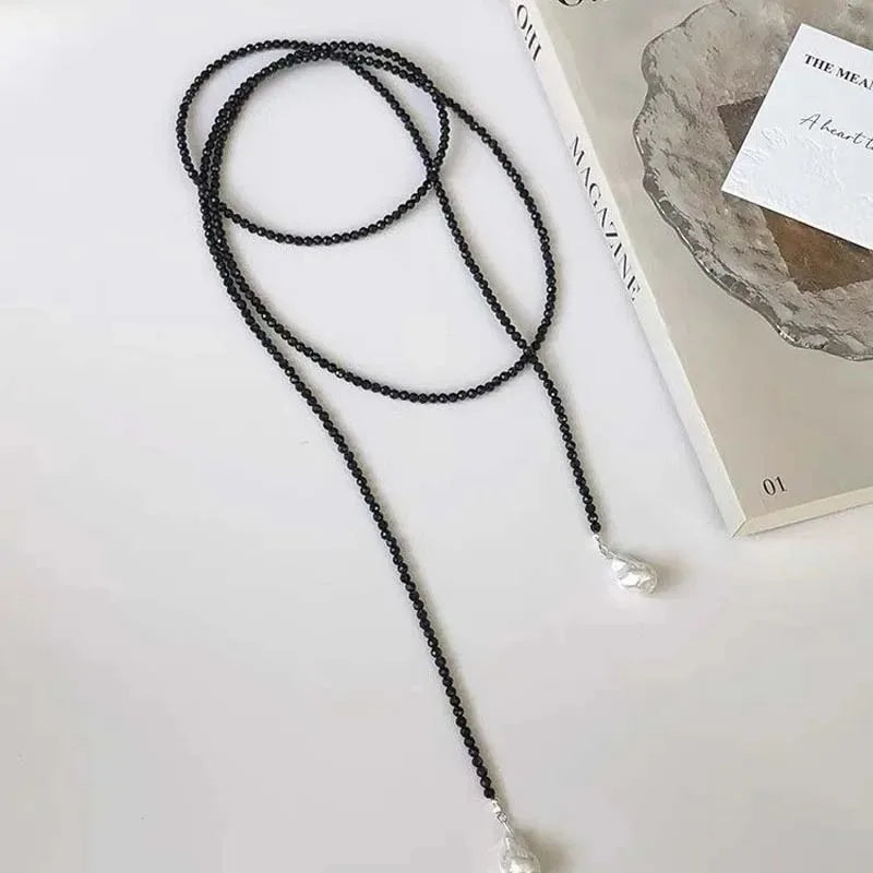 Retro Alien Irregular Baroque Pearl Pendant Necklace for Women Vintage Green Black Crystal Bead Long Necklace Neck Chain Jewelry
