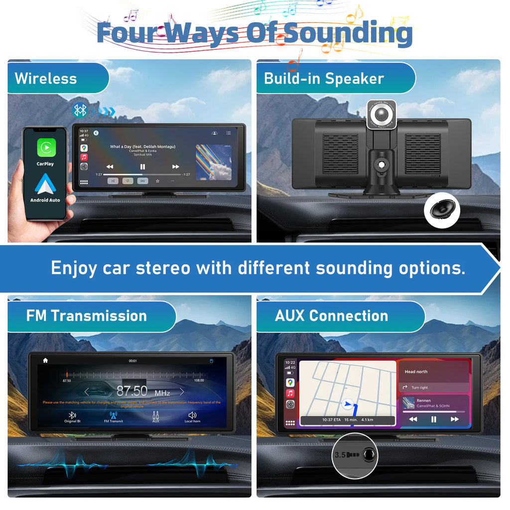 Portable Wireless Carplay Car Stereo, 10.26" inch HD Touchscreen for Car with CarPlay & Android Auto with Mirror Link/Backup Cam