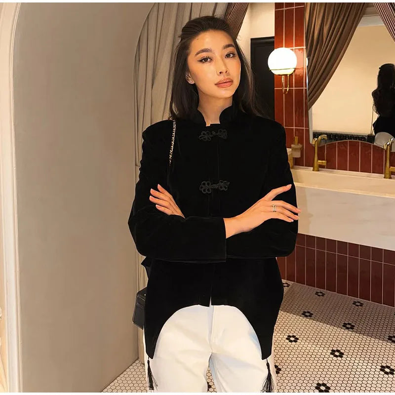 Black Velvet Tassel Jacket Knot Button Asymmetric Hem Long Sleeve Slim Fit Elegant Daily Commute Streetwear Fashion Outerwear